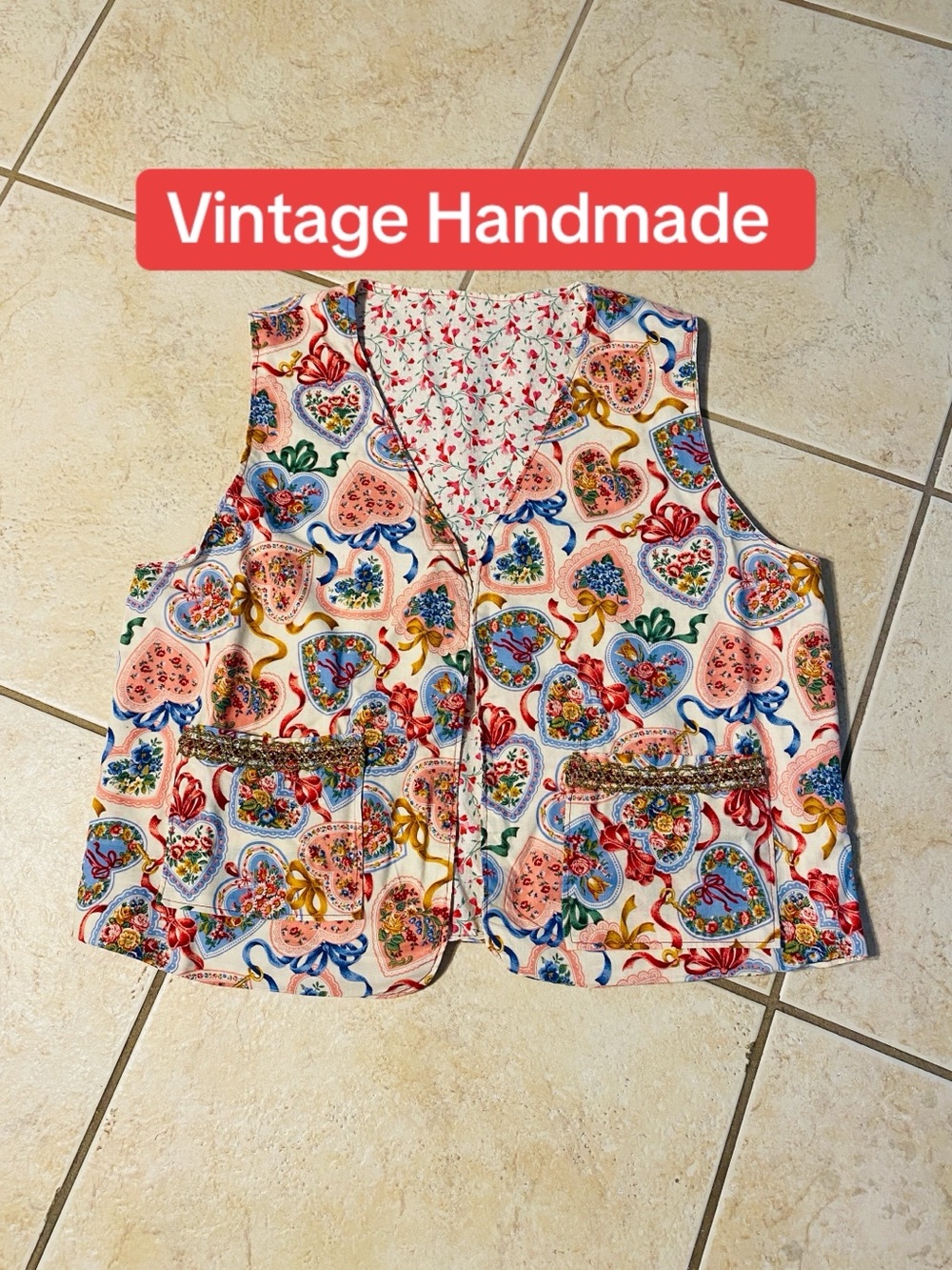 Womans Reversible Vintage Pink Heart Print Handmade Vest